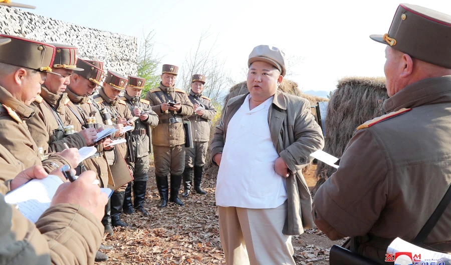 North Korean leader Kim Jong Un guides a drill of mortar sub-units of North Korean Army in this image released by North Korea's Korean Central News Agency (KCNA) on April 10, 2020. (REUTERS)