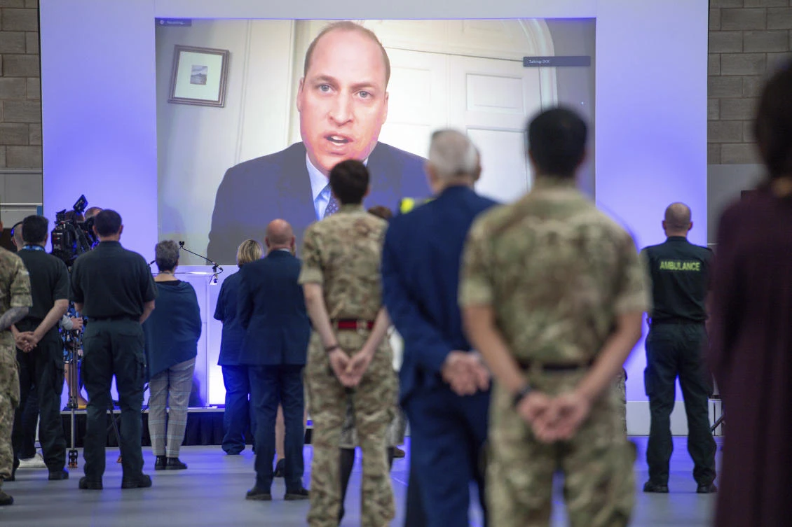 Britain's Prince William speaks via videolink as he officially opens the NHS Nightingale Hospital Birmingham, in the National Exhibition Centre (NEC), England, Thursday April 16, 2020. (AP)