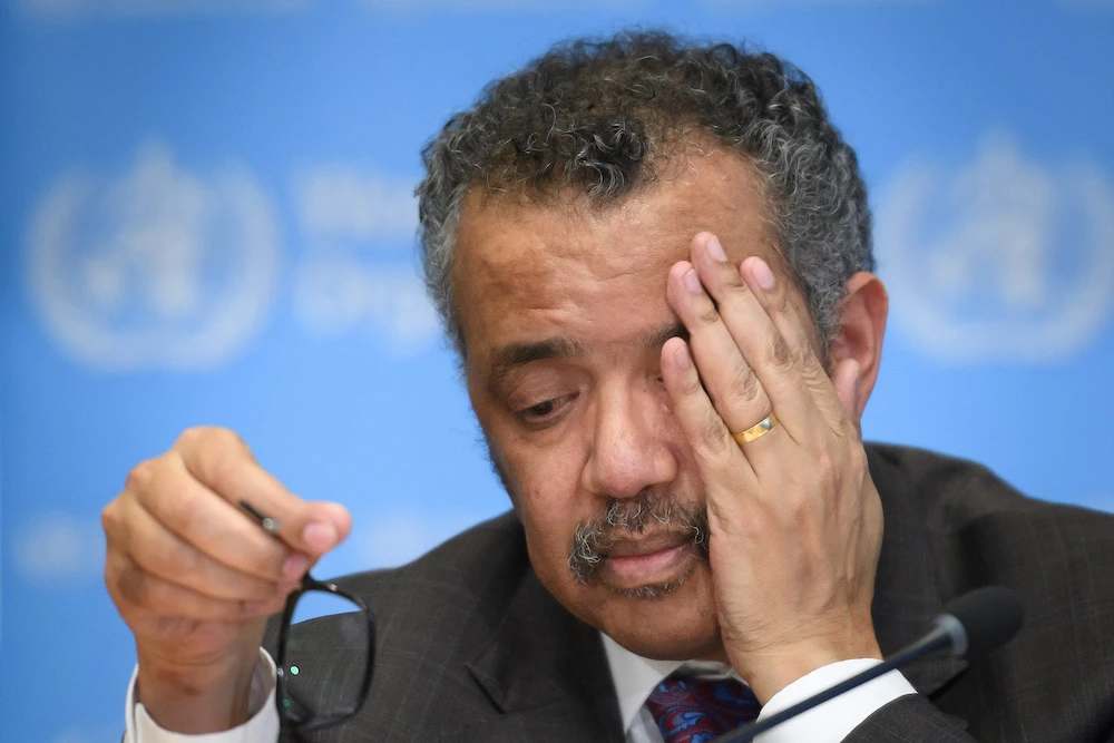World Health Organization (WHO) Director-General Tedros Adhanom Ghebreyesus attends a daily press briefing on COVID-19, the novel coronavirus, at the WHO headquaters in Geneva. (AFP)
