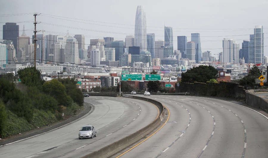In this March 29, 2020 file photo, light traffic is seen on Highway 101 in San Francisco, amid coronavirus concerns. (AP)