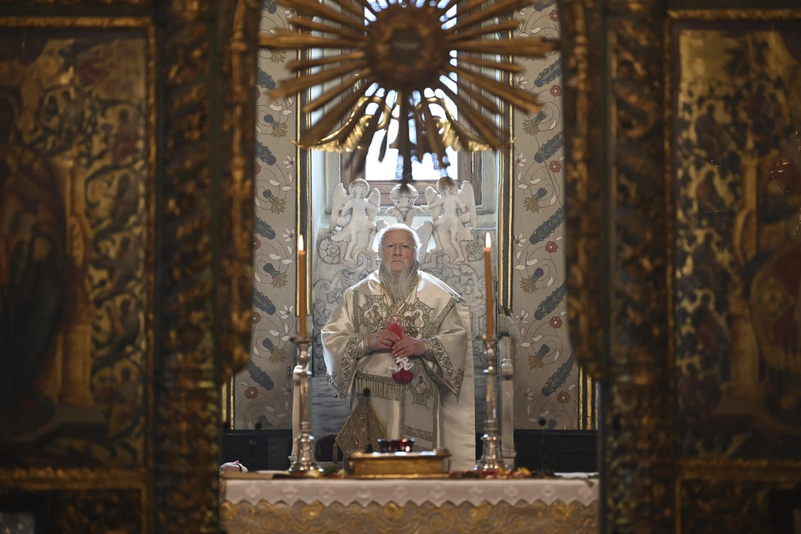 Ecumenical Patriarch Bartholomew I, the spiritual leader of the world's Orthodox Christians, leads the Easter service at the Patriarchal Church of St. George in Istanbul, Sunday, April 19, 2020, with no worshippers in attendance, to help contain the spread of the coronavirus. (AP)