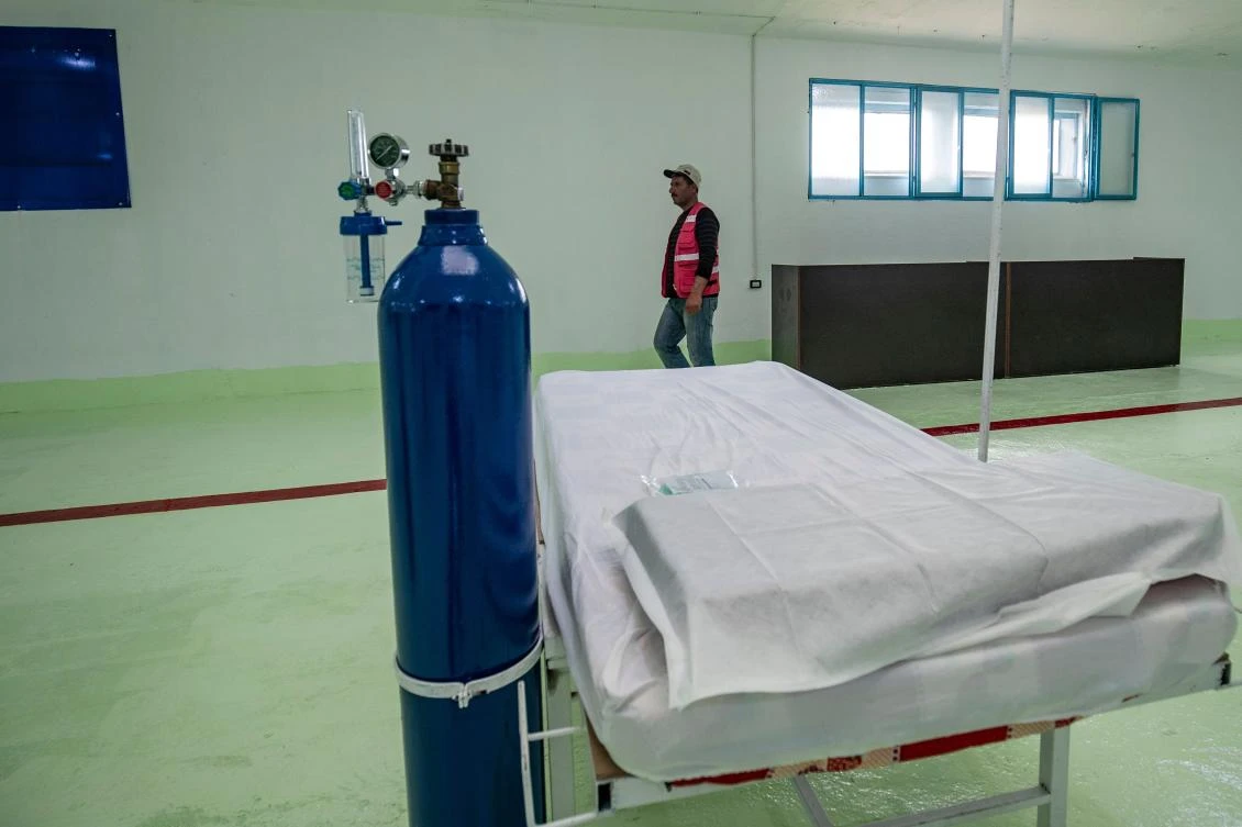 A picture taken on April 20, 2020 shows a 120-bed ward at a specialised hospital for coronavirus cases inaugurated by the Kurdish Red Crescent around 10 kilometres outside the Syrian city of Hasakeh after the first COVID-19 death was reported in the northeastern region. (AFP)