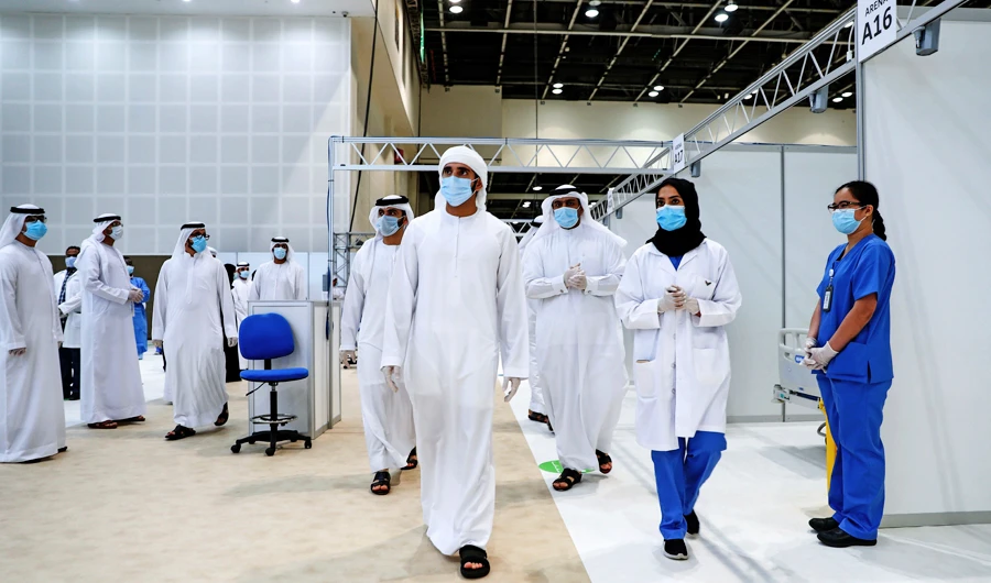 Dubai’s Crown Prince Sheikh Hamdan bin Mohammed Al-Maktoum tours a field hospital at the Dubai World Trade Center during its inauguration ceremony. (AFP)
