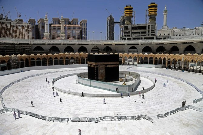 Muslim worshippers circumambulate the sacred Kaaba in Makkah’s Grand Mosque, Islam’s holiest site, on April 3, 2020. (AFP)