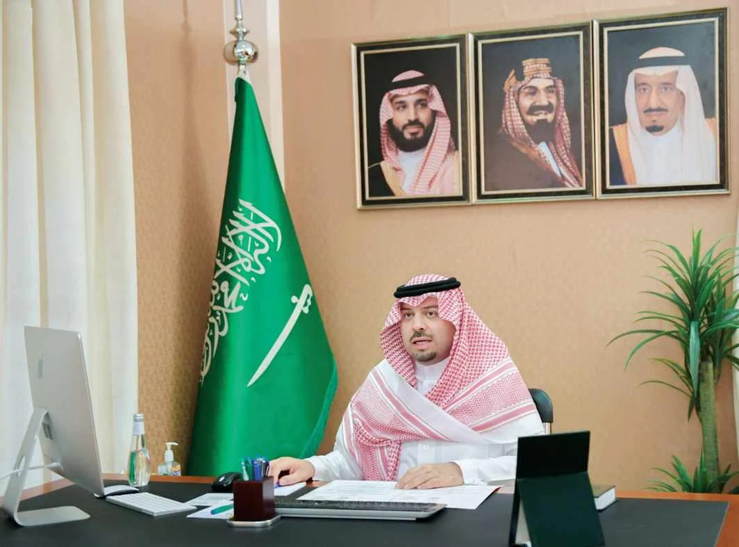 Northern Borders Region Gov. Prince Faisal bin Khalid bin Sultan bin Abdul Aziz during a video conference on Thursday at his office in Arar. (SPA)