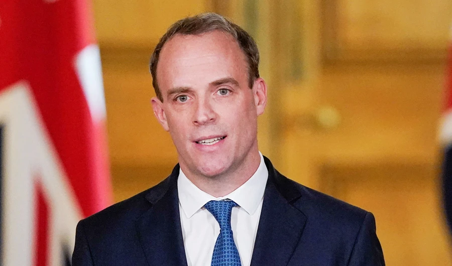 Britain's Foreign Secretary Dominic Raab speaks during a daily digital news conference on the coronavirus disease (COVID-19) outbreak, at 10 Downing Street in London, Britain April 22, 2020. (REUTERS)