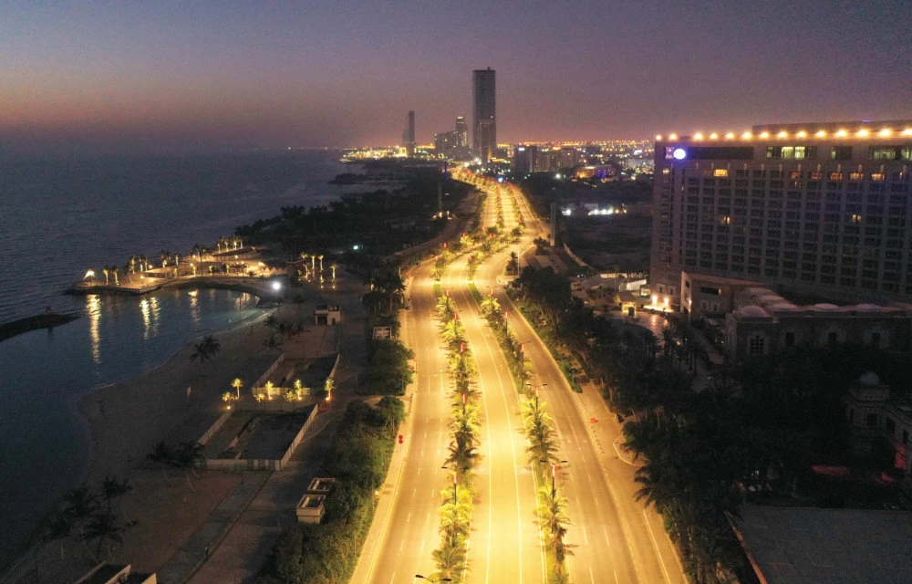 An aerial view shows deserted streets in the Saudi coastal city of Jeddah, during the novel coronavirus crisis. Construction companies in the Kingdom are allowed to resume their activities. (AFP)