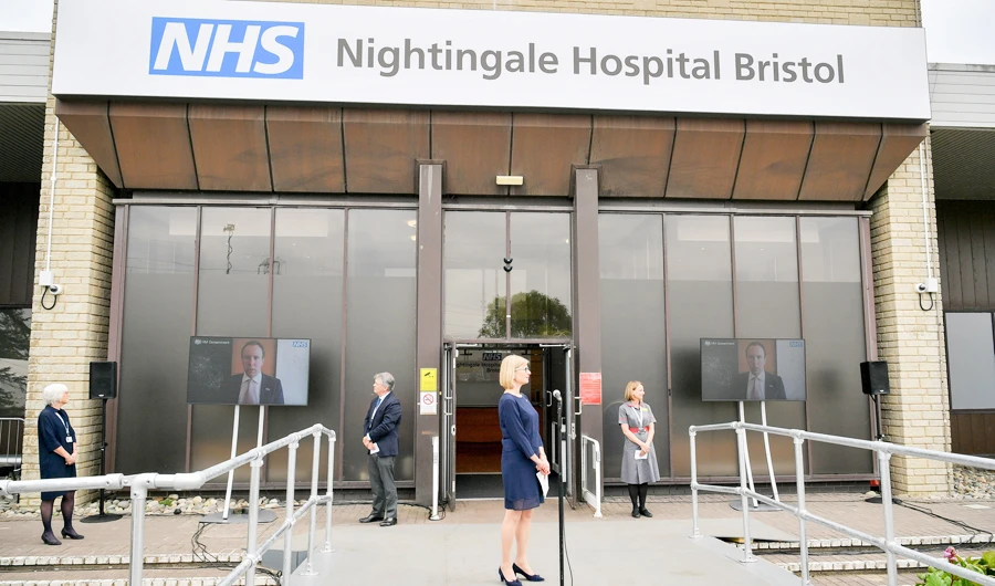Britain's Health Secretary Matt Hancock speaks via videochat at a formal opening of Bristol Nightingale Hospital, which is located at the University of the West of England, amid the coronavirs disease (COVID-19) outbreak, in Bristol, Britain April 27, 2020. (REUTERS)