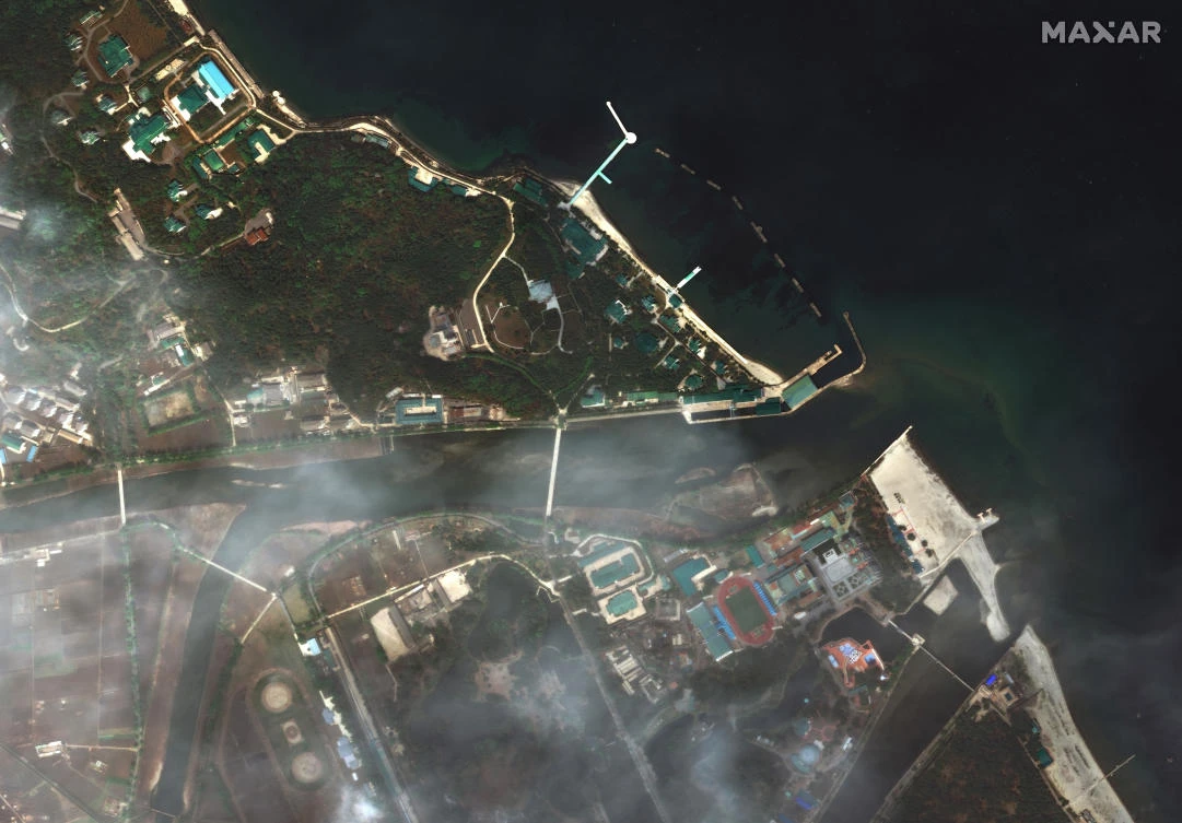 Above, a satellite image provided by Maxar Technologies shows overview of Wonsan leadership complex in Wonsan, North Korea on April 21, 2020. (Maxar Technologies via AP)
