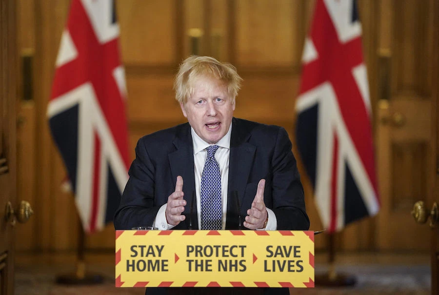 Britain's Prime Minister Boris Johnson speaking during a remote press conference to update the nation on the COVID-19 pandemic, inside 10 Downing Street in central London on April 30, 2020. (AFP)