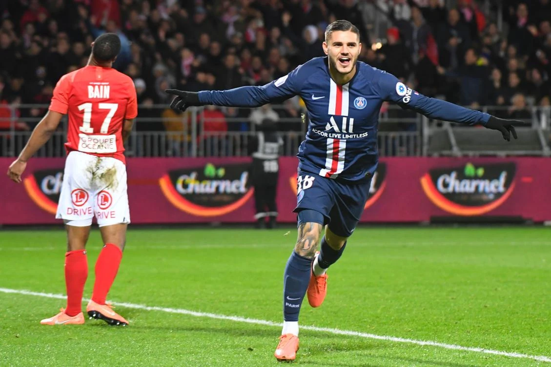 Paris Saint-Germain’s Argentine forward Mauro Icardi celebrates after scoring a goal during the French L1 football match against Stade Brestois 29, in Brest, November 9, 2019. (AFP)