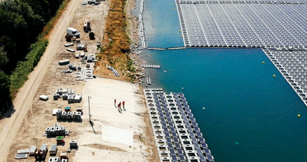 Floating solar panels in Piolenc, southern France. Industrial nations have been urged to seize on economic disruptions to build greener energy infrastructure. (AFP)