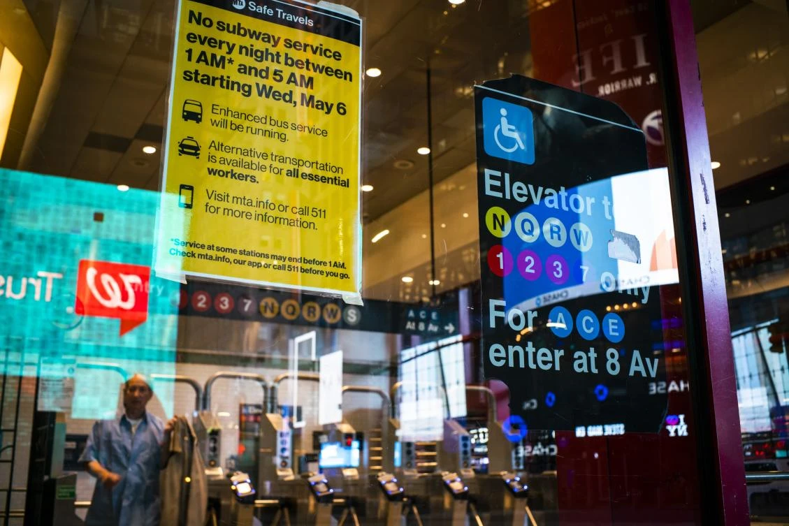A subway service information at Times Square station show the the new nightly closures for coronavirus disinfection on May 5, 2020. (Getty Images/AFP)
