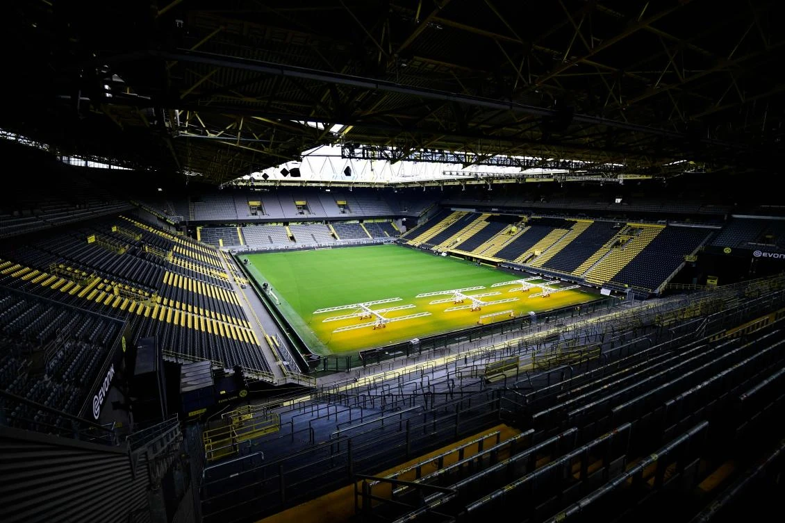 The empty stadium Signal Iduna Park of the Bundesliga club Borussia Dortmund is pictured on May 5, 2020, due to the spread of the novel coronavirus COVID-19. German football is waiting for the green light to resume. (AFP)