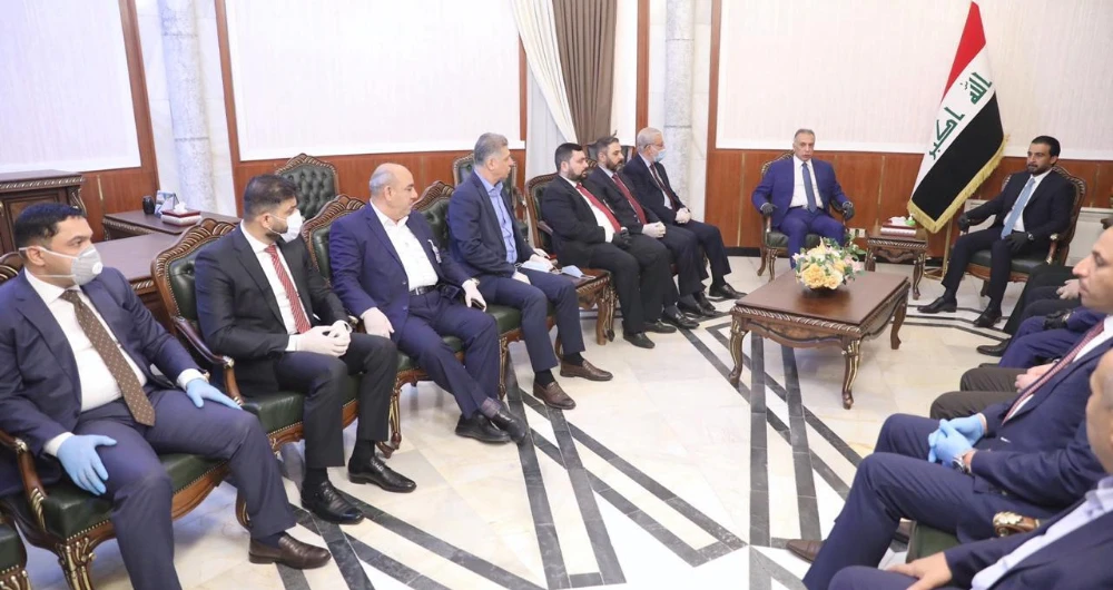 he speaker of Iraq's parliament Mohammed al-Halbousi meets with Iraqi Prime Minister-designate Mustafa Al-Kadhimi before the vote on the new government at the parliament headquarters in Baghdad, Iraq, May 6, 2020. (Reuters)