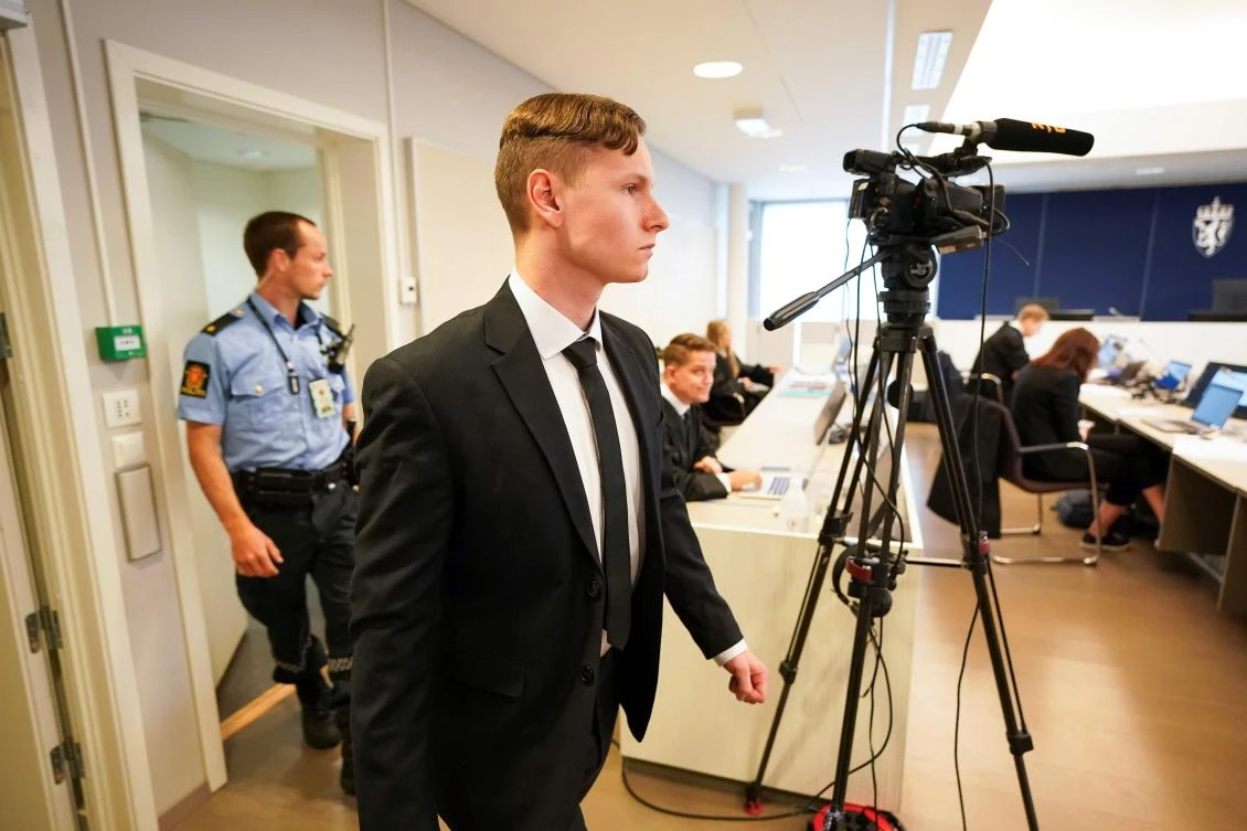 Philip Manshaus is suspected of murder in the death of his 17-year-old stepsister and attempted murder at a shooting at the Al-Noor mosque in the Oslo suburb of Baerum. Manshaus pleaded not guilty as his trial started. (AFP/NTB Scanpix/Lise Åserud)