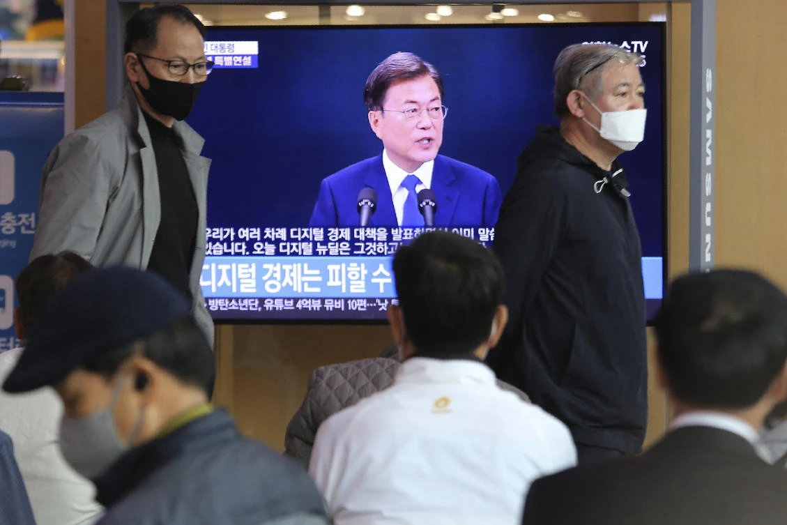 South Korean President Moon Jae-in urged citizens not to lower their guard down, but said there was no reason to be panicked amid worries about a new surge in the coronavirus outbreak in the country. (AP)