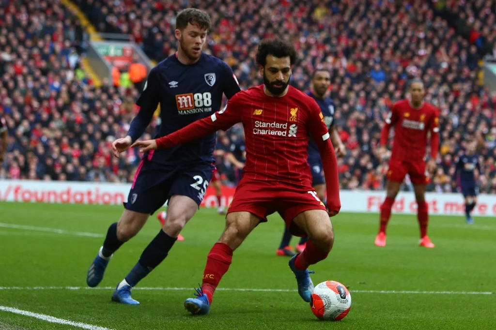 Liverpool's Egyptian midfielder Mohamed Salah vies with Bournemouth's English defender Jack Simpson during the English Premier League football match in March. (AFP/File)