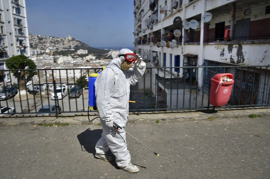 Municipal workers dressed in protective gear disinfect a street during the COVID-19 coronavirus pandemic in the Bab el-Oued district of Algeria's capital Algiers on April 9, 2020. (AFP)