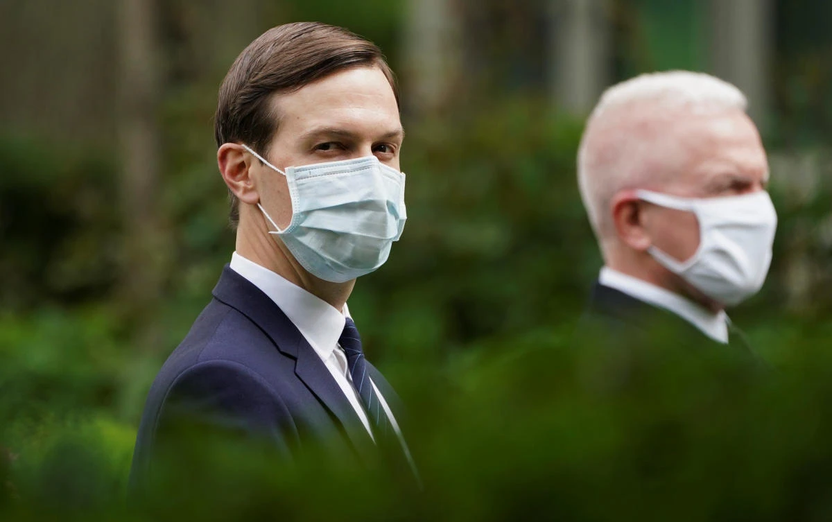 White House senior adviser to the president Jared Kushner and Admiral Brett Giroir, United States Assistant Secretary for Health, wear protective face masks in the Rose Garden as US President Donald Trump holds a coronavirus disease (COVID-19) outbreak response press briefing. (File/Reuters/Kevin Lamarque)