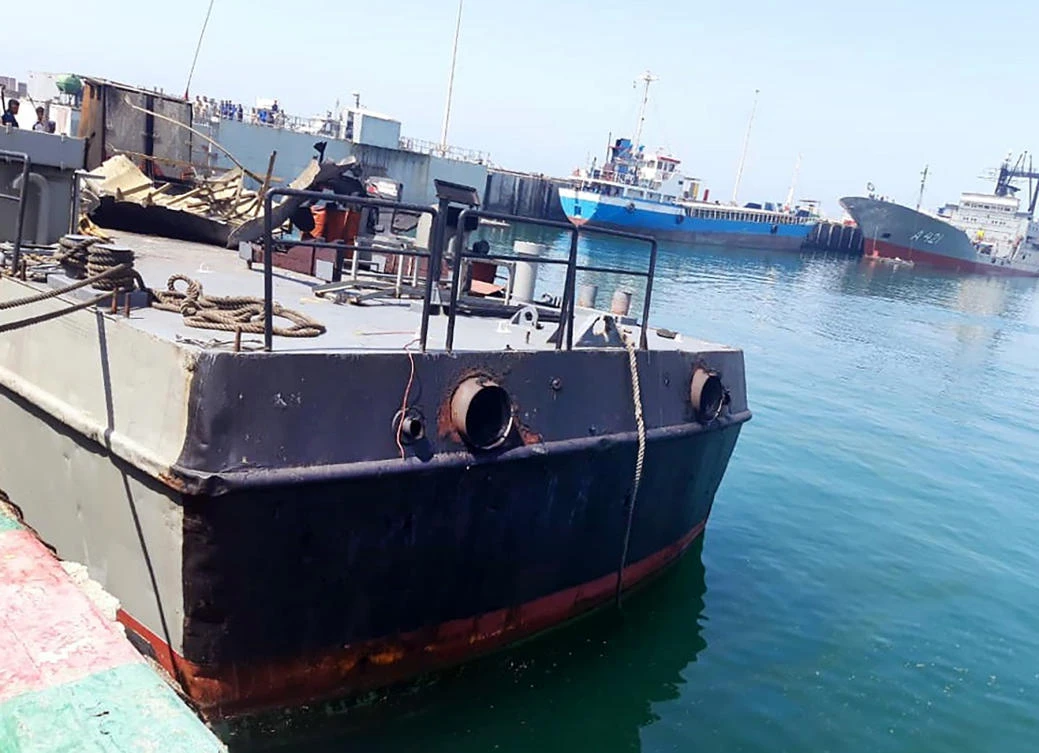 Above, the damaged Konarak vessel, hit by a friendly fire missile during naval exercises, docked at the Jask port, in southern Hormozgan province in this photo provided by Iranian army official website on May 11, 2020. (Iranian Army official website/AFP)