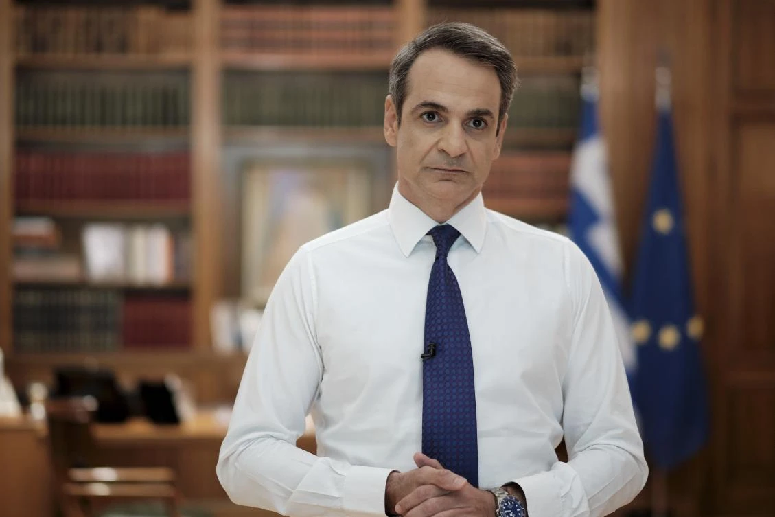 Greece’s Prime Minister Kyriakos Mitsotakis addresses the Greek nation on State TV in Athens, May 20, 2020. (AP Photo)