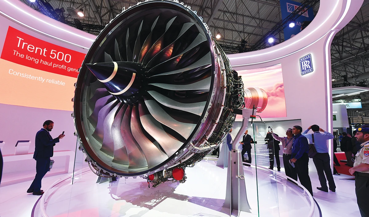A Rolls-Royce Trent 500 engine on display at the Dubai Airshow in 2019. The company relies on aerospace for just over half of its annual revenues. (AFP)