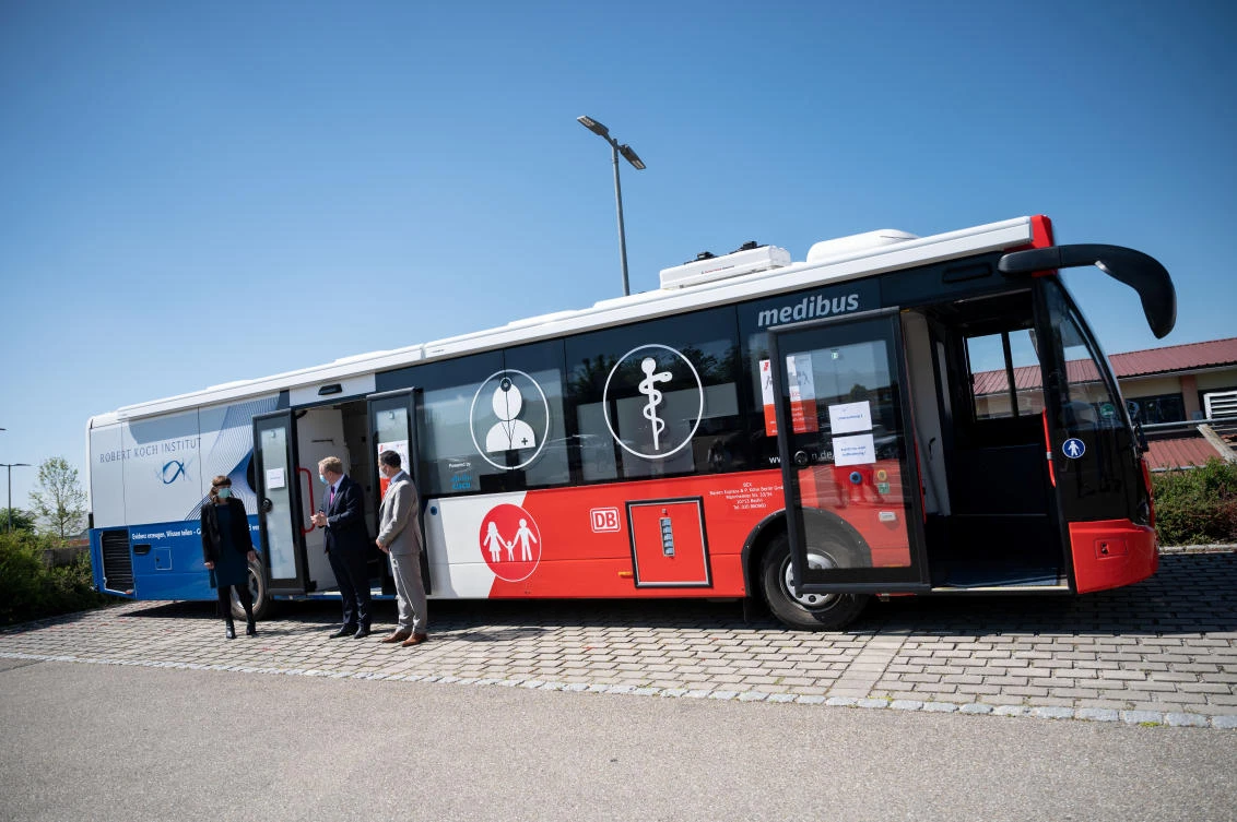 Above, the Medibus used by the Robert Koch Institute takes throat swabs and blood samples for coronavirus tests in Kupferzell, Germany on May 19, 2020. (Reuters)