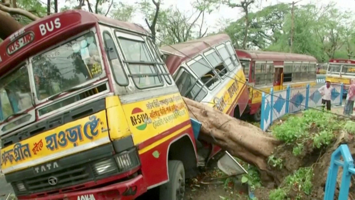 Cyclone Amphan was the fiercest storm to hit India since 1999. Above, a bus damaged by a fallen tree due to Amphan in Kolkata on May 21, 2020 (ANI via Reuters)