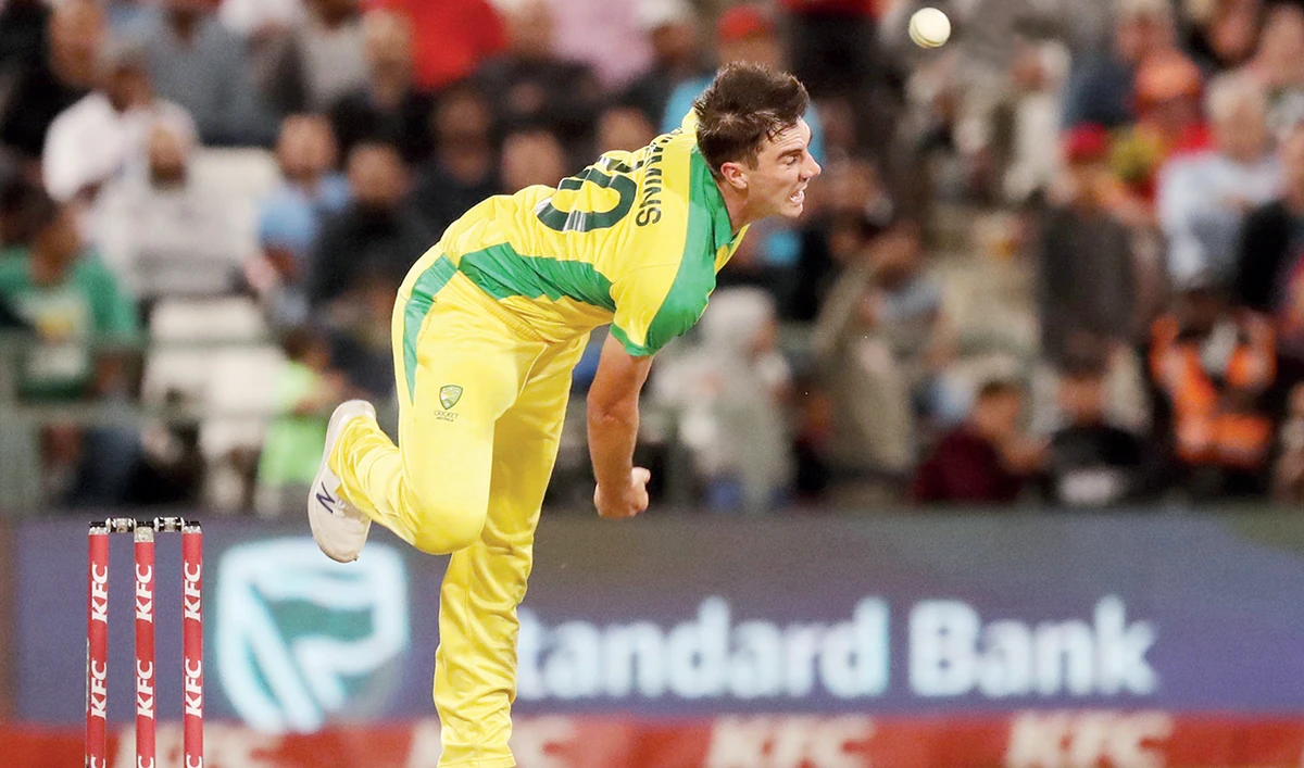 Australia’s Pat Cummins in action before he takes the wicket of South Africa’s David Miller during a cricket match in Cape Town on Feb. 26. (Reuters)