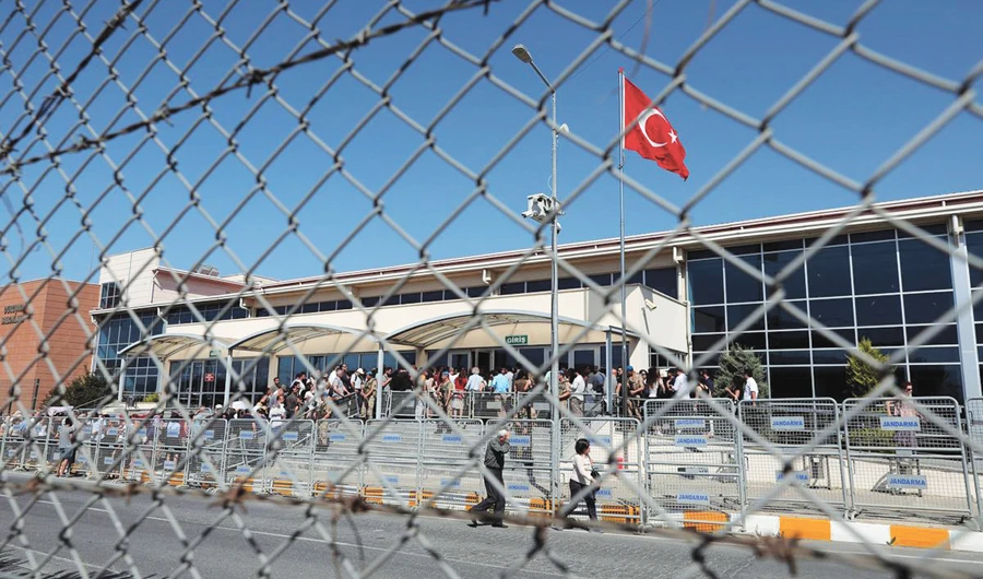 Friends and supporters of the defendants line up to enter the courtroom at the Silivri Prison and Courthouse complex in Silivri near Istanbul, Turkey. (Reuters)