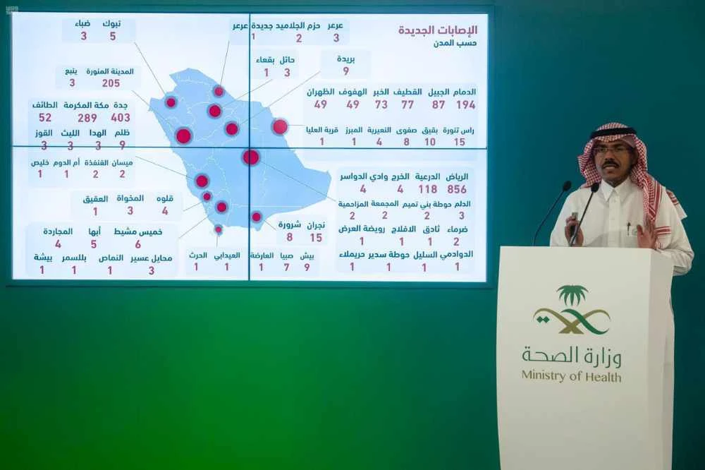 Ministry of Health spokesman Dr. Mohammed Al-Abd Al-Aly briefing the media on the latest devcelopments on COVID-19 in the Kingdom on Saturday in Riyadh. (SPA)