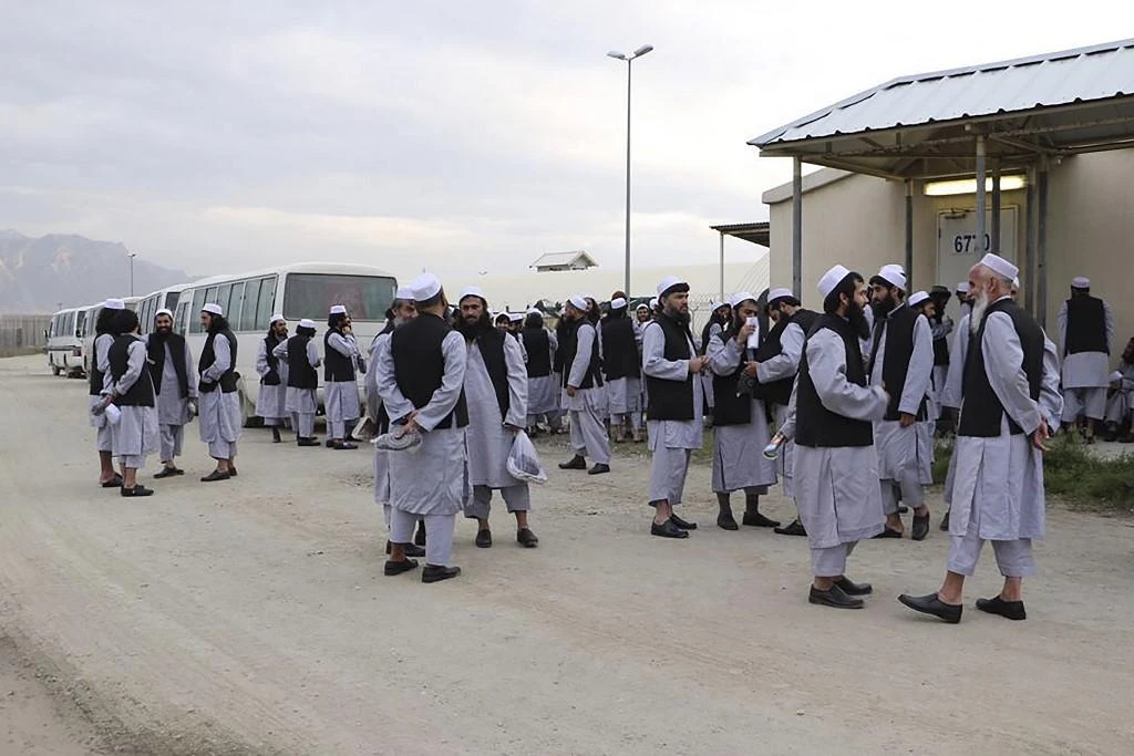 Taliban prisoners stand before being released from prison next to the US military base in Bagram, north of Kabul, in this April 11, 2020 handout photo by Afghanistan’s National Security Council. (National Security Council via AFP)