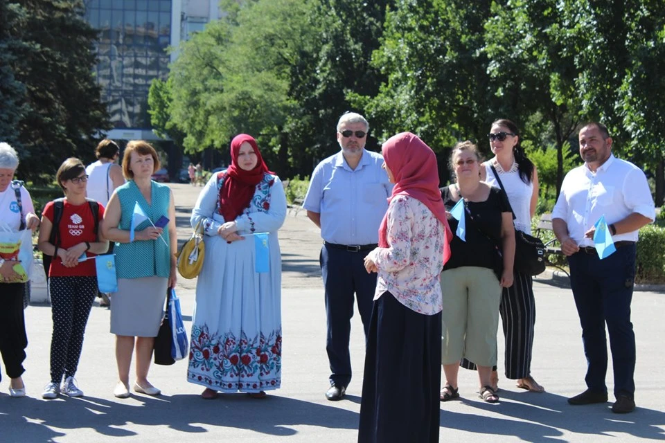 Ukrainian Muslims during a celebration of the Crimean Tatar flag on June, 2019. (Facebook)