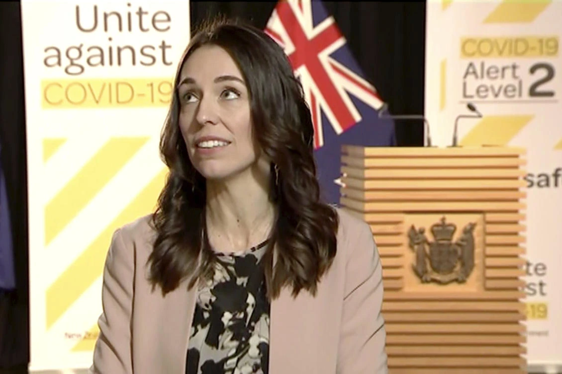 New Zealand Prime Minister Jacinda Ardern looks up when an earthquake struck during a live television interview in Wellington, New Zealand, Monday morning, May 25, 2020. (Newshub via AP)