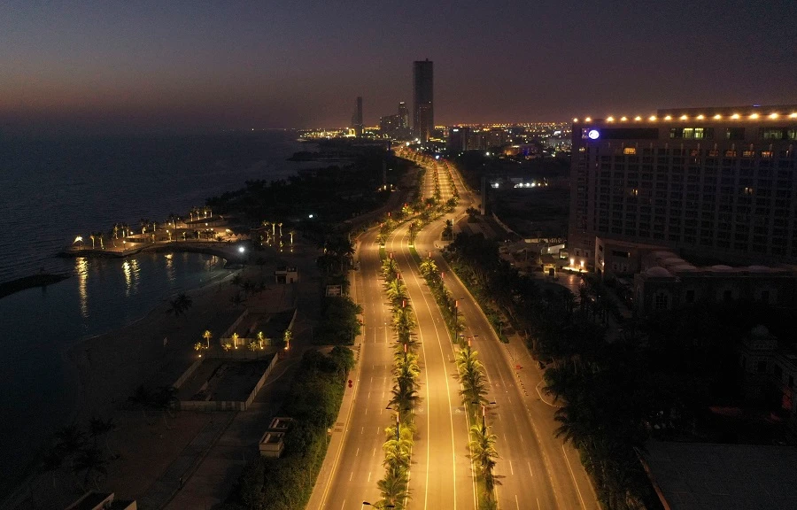 An aerial view shows deserted streets in the Saudi coastal city of Jeddah on April 21, 2020, during the coronavirus pandemic crisis. (File/AFP)