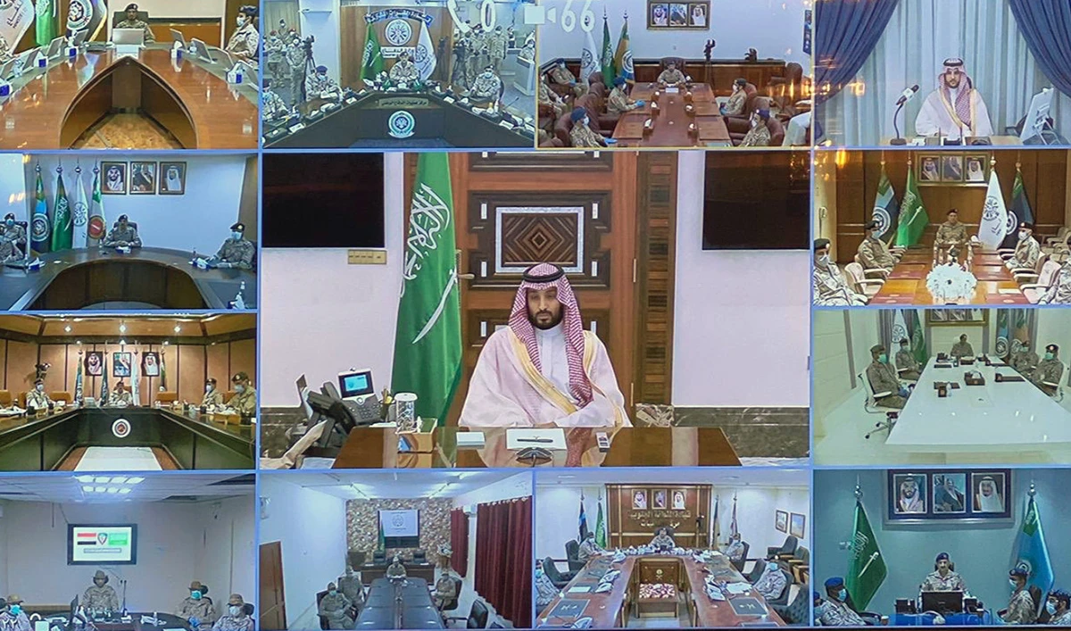 Saudi Arabia’s Crown Prince Mohammed bin Salman and other Saudi dignitaries during a video conference on May 25, 2020. (SPA)