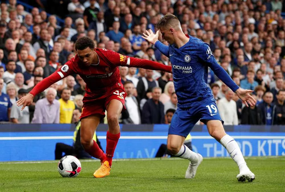 Trent Alexander-Arnold and Chelsea’s Mason Mount during an English Premier League match between Liverpool and Chelsea at Stamford Bridge, London. (Reuters/File)