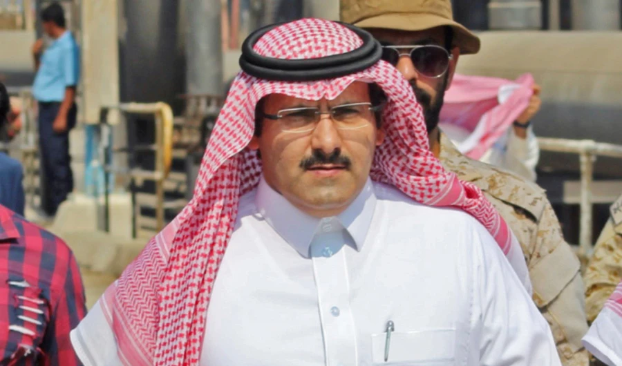 Saudi ambassador to Yemen Mohammed Said Al-Jaber arrives in the southern Yemeni port of Aden to oversee an aid delivery of fuel from Saudi Arabia on October 29, 2018. (AFP)