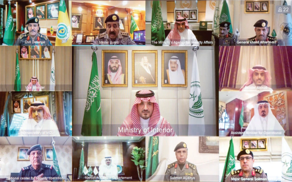 Saudi Interior Minister Prince Abdul Aziz bin Saud bin Naif presiding over a virtual meeting on Sunday. (SPA)