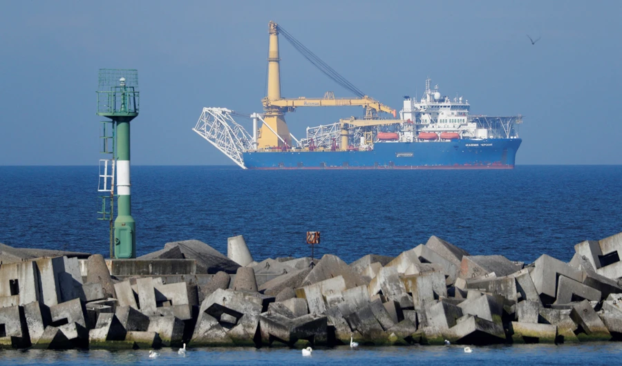 Pipe-laying vessel Akademik Cherskiy owned by Gazprom, which Russia may use to complete construction of the Nord Stream 2 gas pipeline, is seen in a bay near the Baltic Sea port of Baltiysk, Kaliningrad region, Russia May 3, 2020. (REUTERS)
