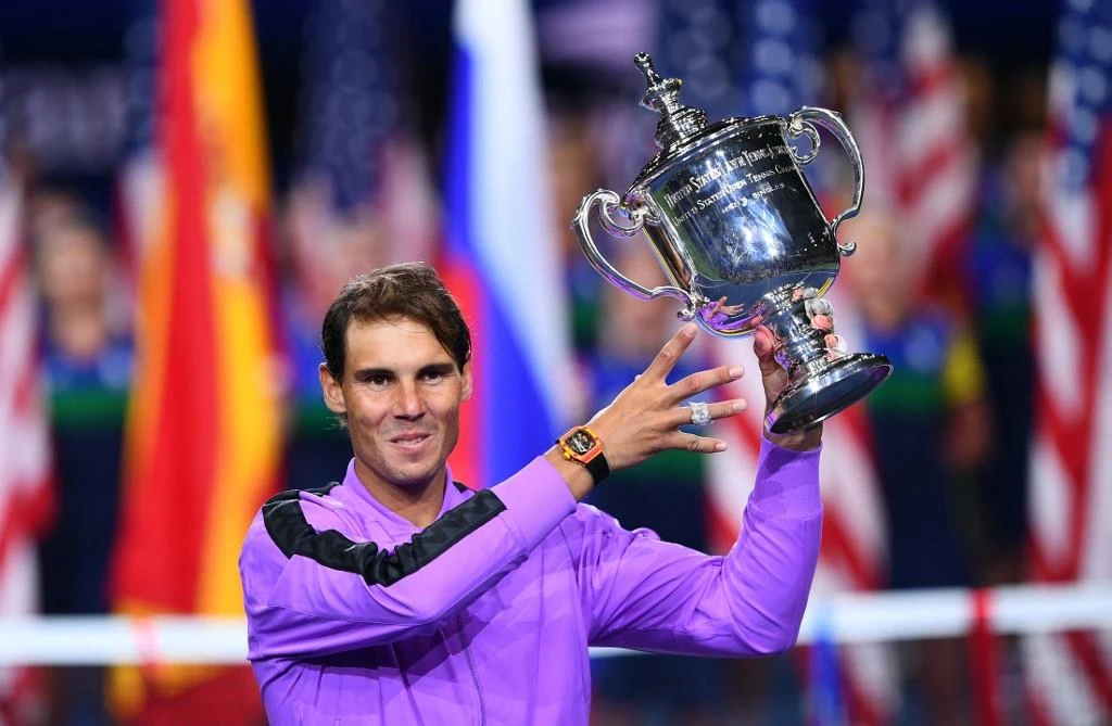 Rafael Nadal holds the trophy after his win over Daniil Medvedev during the men’s singles Finals match at the 2019 US Open on September 8, 2019. (AFP)