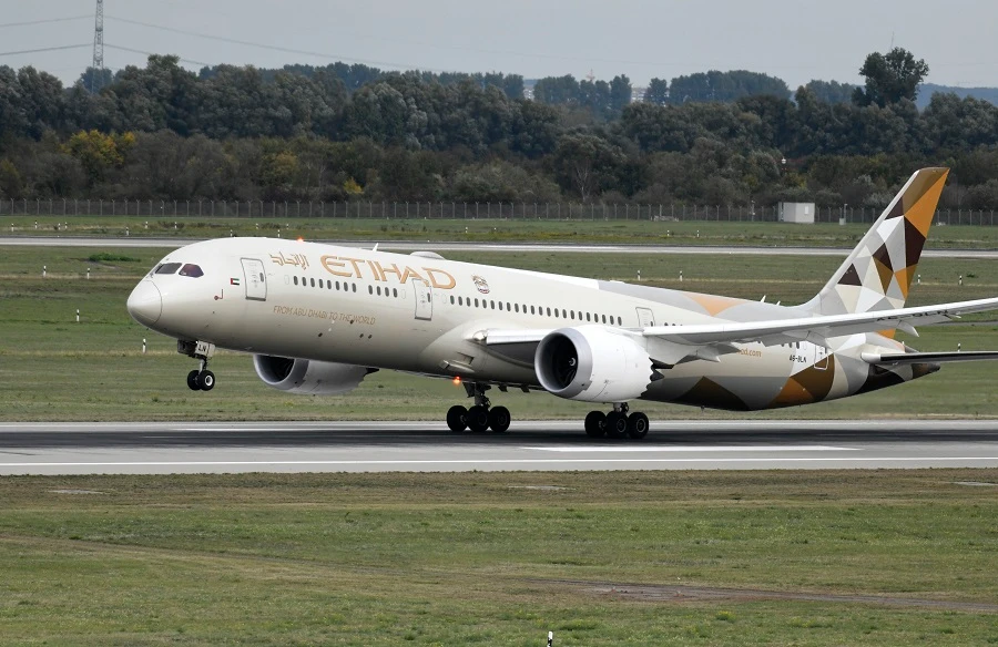 This picture shows a Boeing 787-10 Dreamliner of the Etihad airline during take-off on September 24, 2019 at the airport in Duesseldorf, western Germany. (File/AFP)