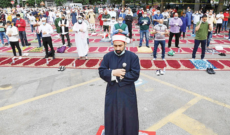 Muslims hold congregational prayer, as Italy eases some of the lockdown measures put in place during the coronavirus disease outbreak, in Rome. (Reuters/File)