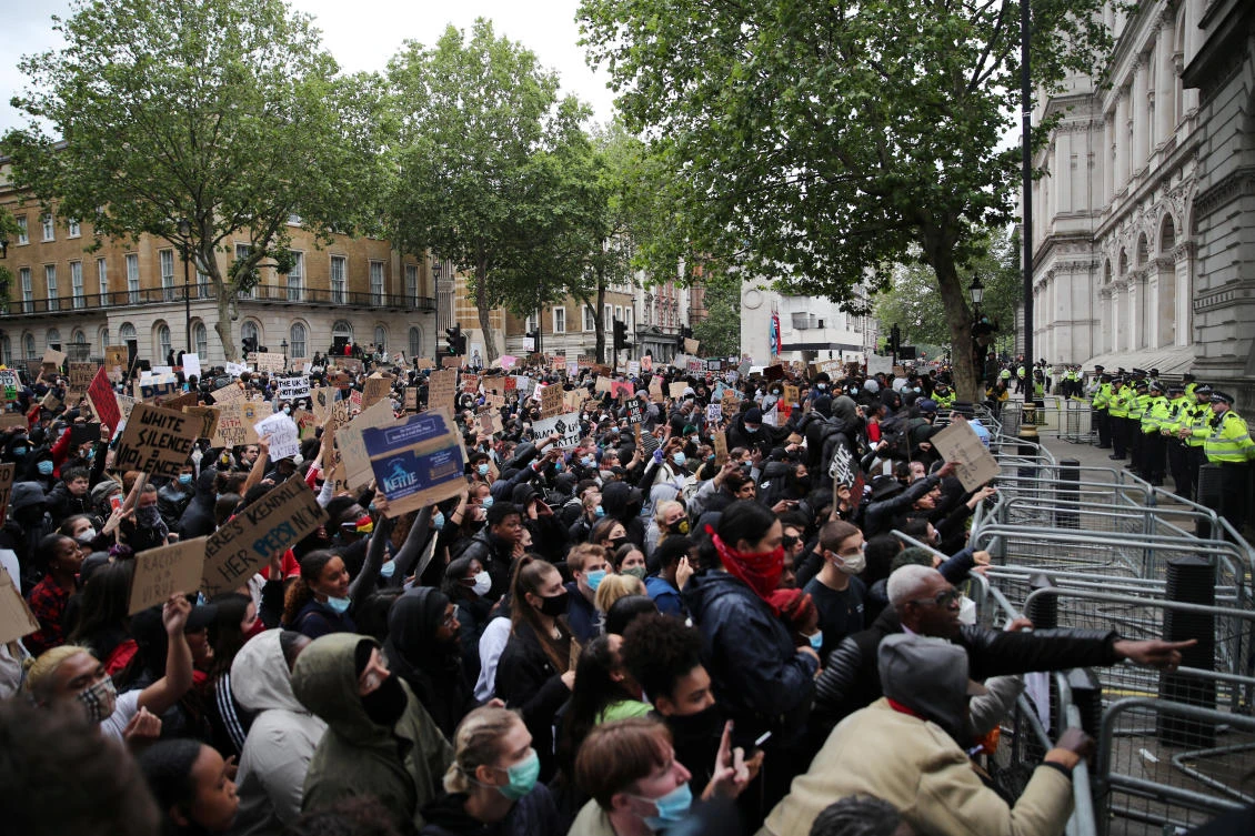 Demonstrators outside Downing Street during a Black Lives Matter protest in London, following the death of George Floyd who died in police custody in Minneapolis, London, Britain, June 7, 2020. (Reuters)