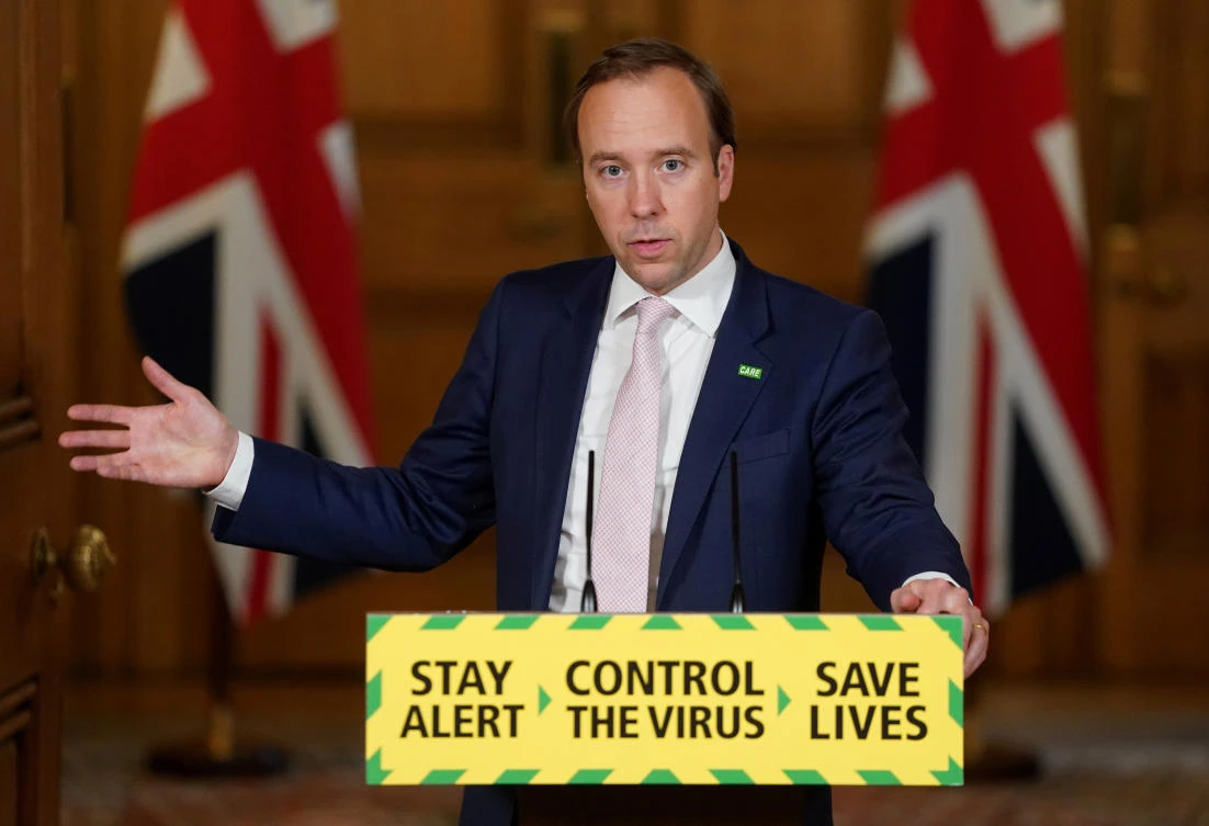 Health Secretary Matt Hancock gestures as he speaks during the daily briefing to update on the coronavirus disease (COVID-19) outbreak, at 10 Downing Street, in London, United Kingdom June 8, 2020.(Reuters)