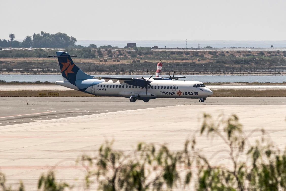 This picture taken on June 9, 2020 shows an Israir Airlines ATR 72-500 turboprop aircraft landing at Cyprus' Larnaca International Airport. (AFP)
