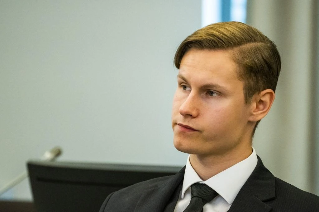 Philip Manshaus is seated in court listening to his sentencing for terrorism and homicide in the Asker and Baerum district court west of Oslo on June 11, 2020. (AFP)