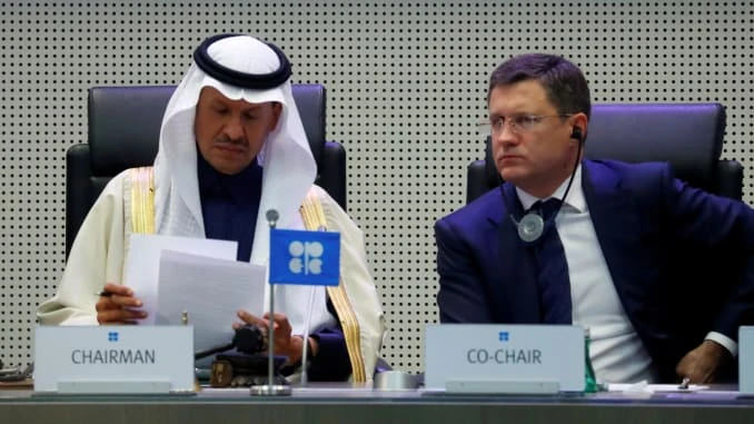 Saudi Arabia’s Minister of Energy Prince Abdulaziz bin Salman and Russian Energy Minister Alexander Novak at the start of an OPEC+ meeting in Vienna, Austria, December 6, 2019. (Reuters)