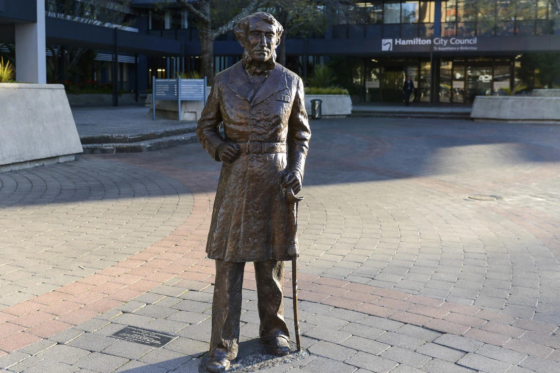 This image provided by Hamilton City Council, shows the bronze statue of British Captain John Fane Charles Hamilton before it was removed from a square in central Hamilton, New Zealand, Friday, June 12, 2020. (AP)